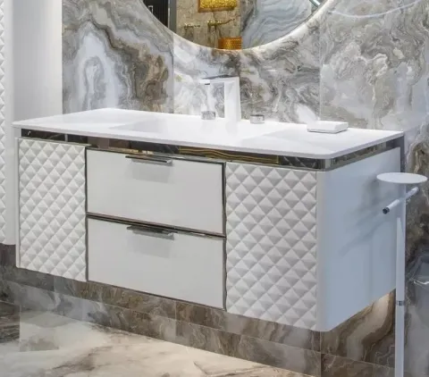 Раковина 121 см ArmadiArt Rombo Corian с тумбой, белый глянцевый