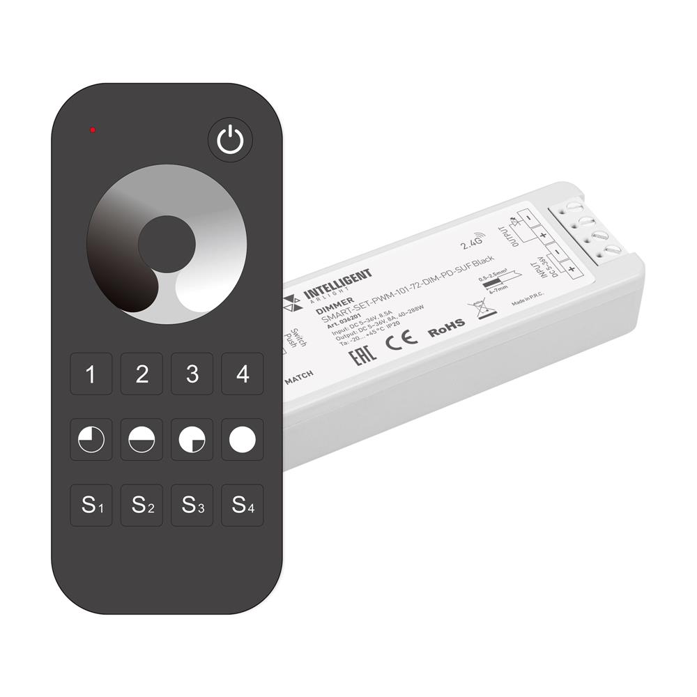 Диммер Arlight SMART-SET-PWM-101-72-DIM-PD-SUF Black (5-36V, 1x8A, x4, ПДУ 13кн, 2.4G)