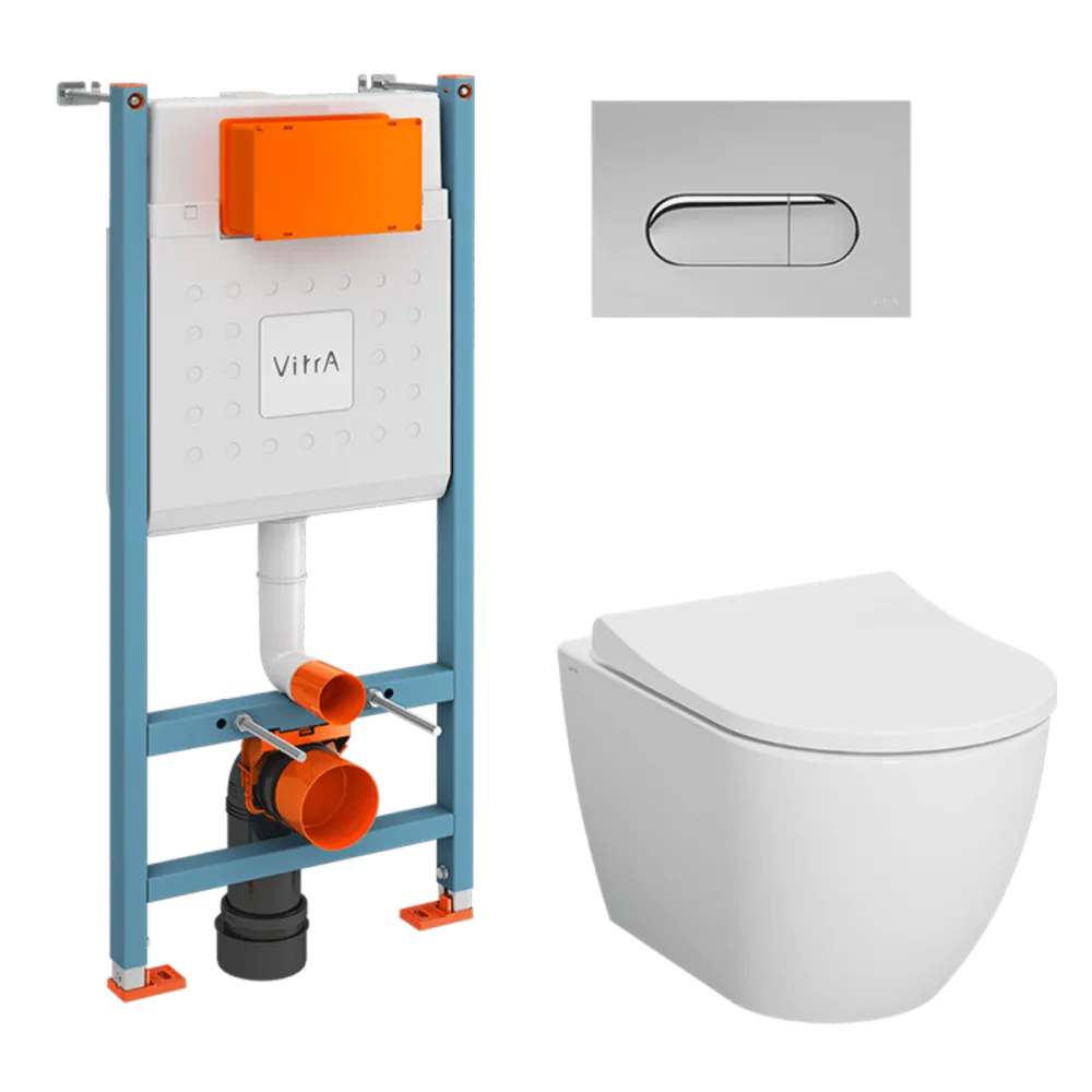 Инсталляция с унитазом VitrA Mia Round, комплект 4 в 1, с сиденьем микролифт, безободковый цвет клавиши, белый