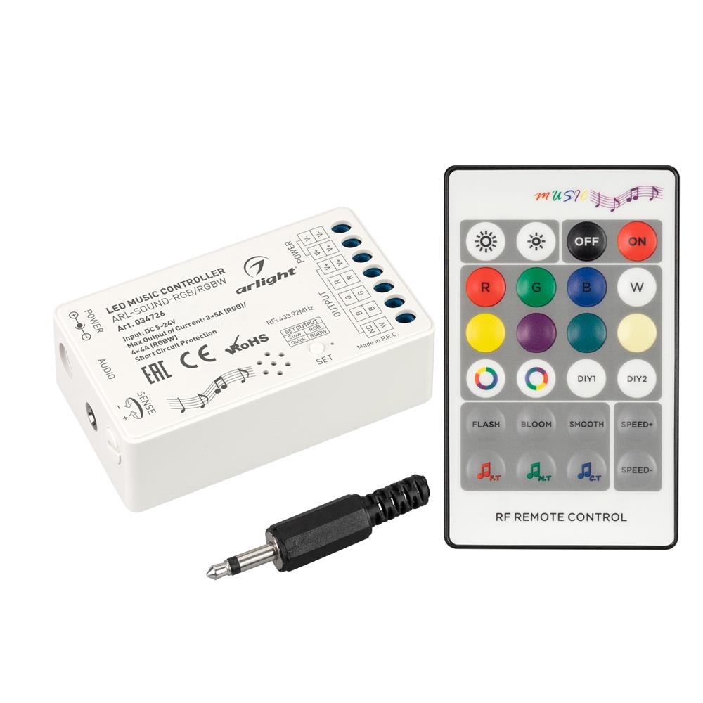 Аудиоконтроллер Arlight ARL-SOUND-RGB/RGBW (12-24V, 4x4A, RF ПДУ 24кн)